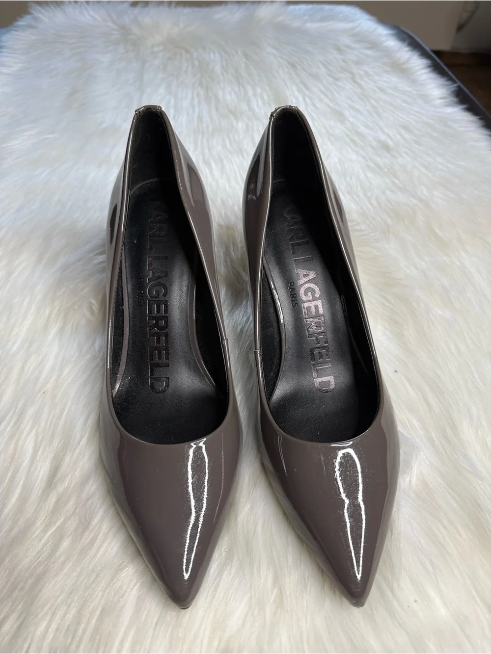 Karl Lagerfeld Paris Royale Patent Leather Anthracite Gray Heels
